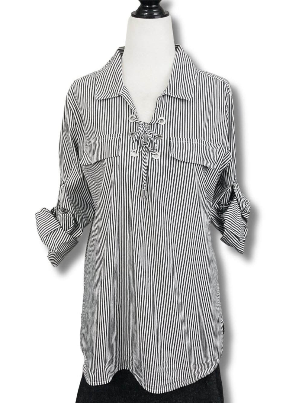 CALVIN KLEIN Black white striped lace-up shirt with roll tab sleeves LARGE XL 1X